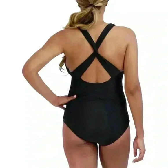 Eddie Bauer L Black Swimsuit One Piece Shaping Ruched Criss Cross Back NWT - Picture 2 of 8